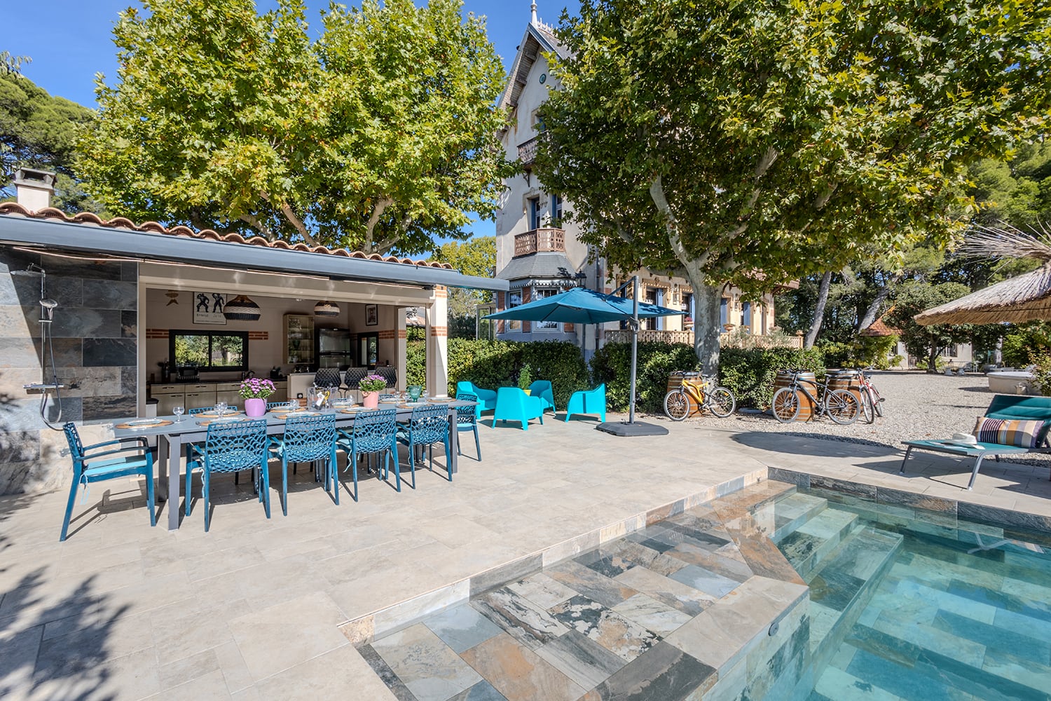Shaded pool dining terrace