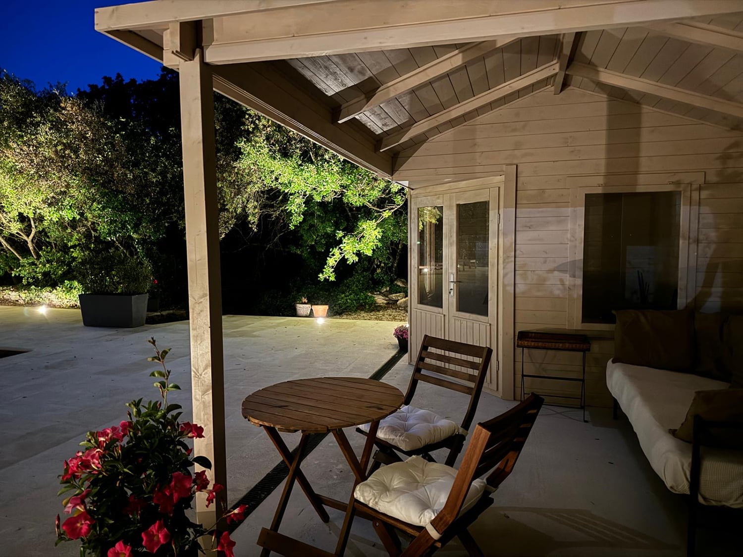 Pool house at night
